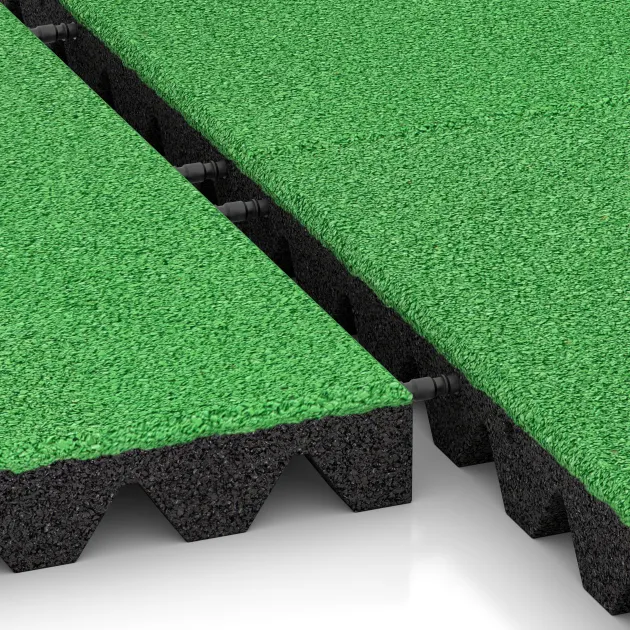 Le gros plan sur le système de connexion des revêtements de sol WARCO 0685 - Dalle amortissante en couleur Vert Mai. Les dimensions 500 x 500 x 50 mm.