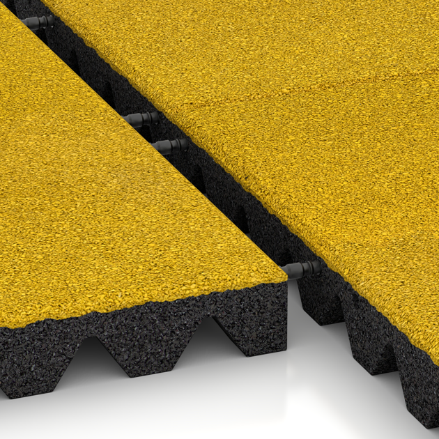 Le gros plan sur le système de connexion des revêtements de sol WARCO 5569 - Dalle amortissante 5 cm - EN 1177 ≤ 145 cm en couleur Jaune Citron. Les dimensions 500 x 500 x 50 mm.