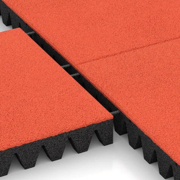 Großaufnahme vom Verbindungssystem von WARCO-Boden 0724 - Valtegel im Farbdesign Felrood-Oranje. Abmessungen 500 x 500 x 80 mm.