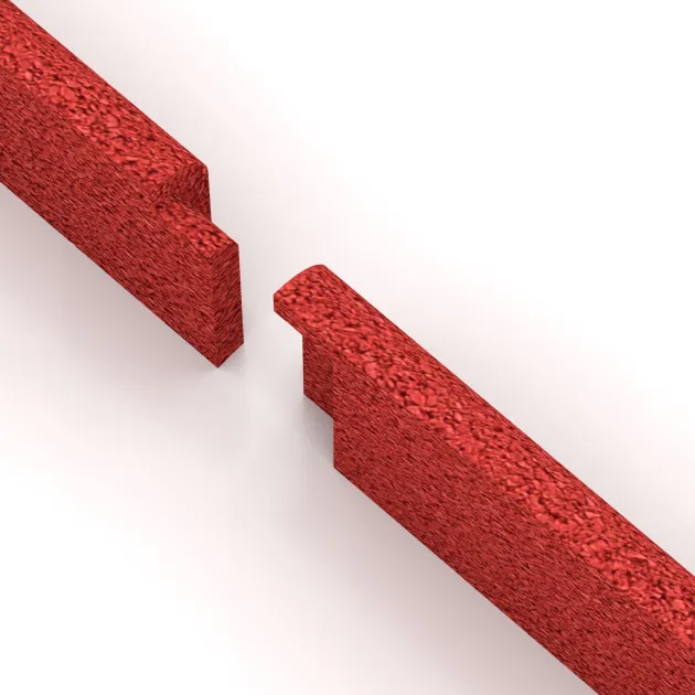 Großaufnahme vom Verbindungssystem von WARCO-Boden 4286 - Wandschutz Sockelleiste im Farbdesign Rose. Abmessungen 750 x 20 x 80 mm.