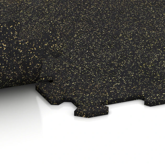 Großaufnahme vom Verbindungssystem von WARCO-Boden 1063 - Fitnessvloer Compact im Farbdesign Licht Geel Gesprenkelde. Abmessungen 970 x 970 x 8 mm | 0,94 m.