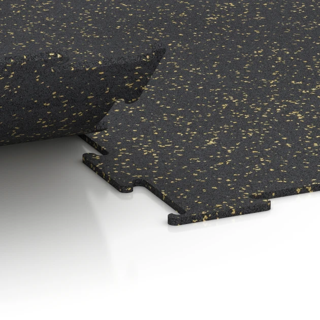 Großaufnahme vom Verbindungssystem von WARCO-Boden 6454 - Fitnessvloer Compact im Farbdesign Licht Geel Gesprenkelde. Abmessungen 100 × 100 × 0,8 cm.