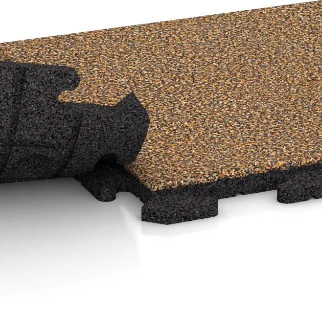 Großaufnahme vom Verbindungssystem von WARCO-Boden 1153 - Terrassenplatte Classic im Farbdesign Rattan Lounge. Abmessungen 500 x 500 x 30 mm.