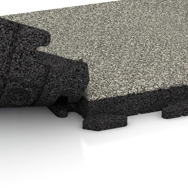 Großaufnahme vom Verbindungssystem von WARCO-Boden 1423 - Terrassenplatte Classic im Farbdesign Heller Granit. Abmessungen 500 x 500 x 50 mm.