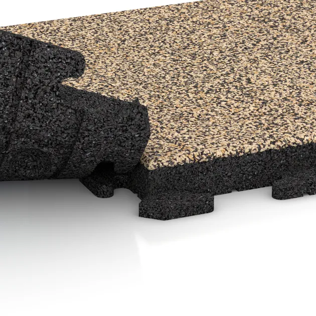 Großaufnahme vom Verbindungssystem von WARCO-Boden 1416 - Terrassenplatte Classic im Farbdesign Travertin. Abmessungen 500 x 500 x 50 mm.