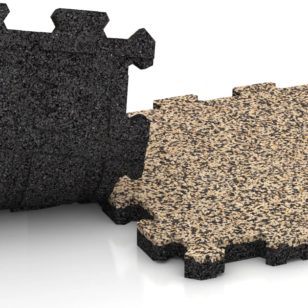 Großaufnahme vom Verbindungssystem von WARCO-Boden 3713 - Fitnessmatte Premium 2 cm im Farbdesign Travertin. Abmessungen 30,6 x 30,6 x 2 cm | 0,094 m².