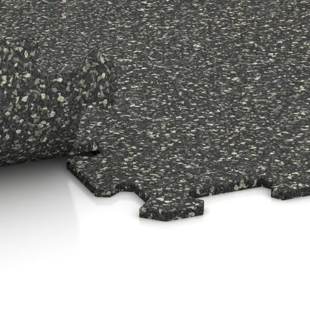 Großaufnahme vom Verbindungssystem von WARCO-Boden 1019 - Fitnessvloer Compact im Farbdesign Donkergrijs Graniet. Abmessungen 970 x 970 x 8 mm.