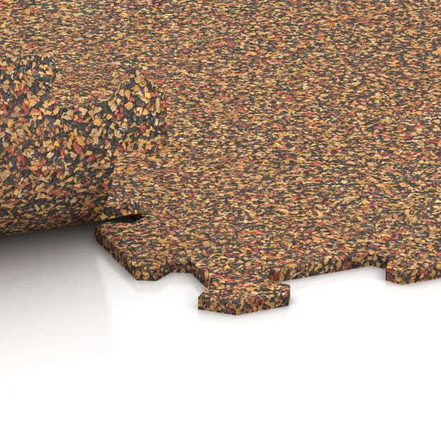 Großaufnahme vom Verbindungssystem von WARCO-Boden 1023 - Fitnessvloer Compact im Farbdesign Terra Cotta. Abmessungen 970 x 970 x 8 mm.