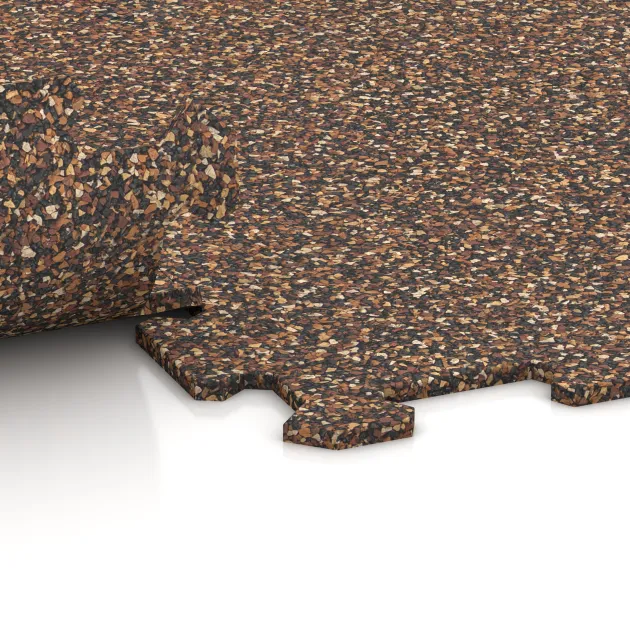 Großaufnahme vom Verbindungssystem von WARCO-Boden 1024 - Fitnessvloer Compact im Farbdesign Schors & Bast. Abmessungen 970 x 970 x 8 mm.