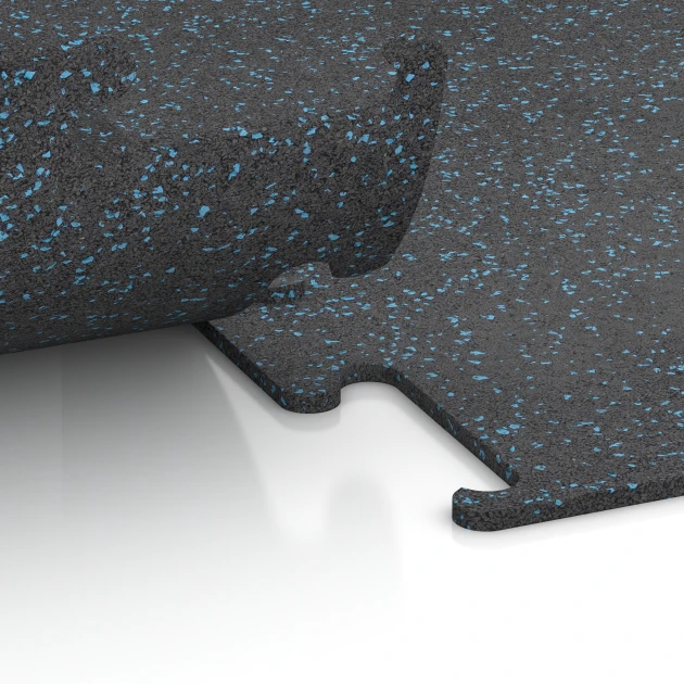 Großaufnahme vom Verbindungssystem von WARCO-Boden 3754 - Fitness Performance Elite Trainingsboden im Farbdesign Leicht Blau Gesprenkelt. Abmessungen 100 x 100 x 1 cm | 1,00 m².