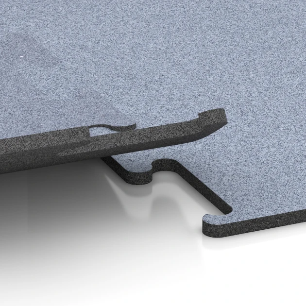 Le gros plan sur le système de connexion des revêtements de sol WARCO 6148 - Fitness Performance Elite Revêtement Sportif en couleur Gris brume. Les dimensions 100 x 100 x 1,5 cm | 1,00 m².