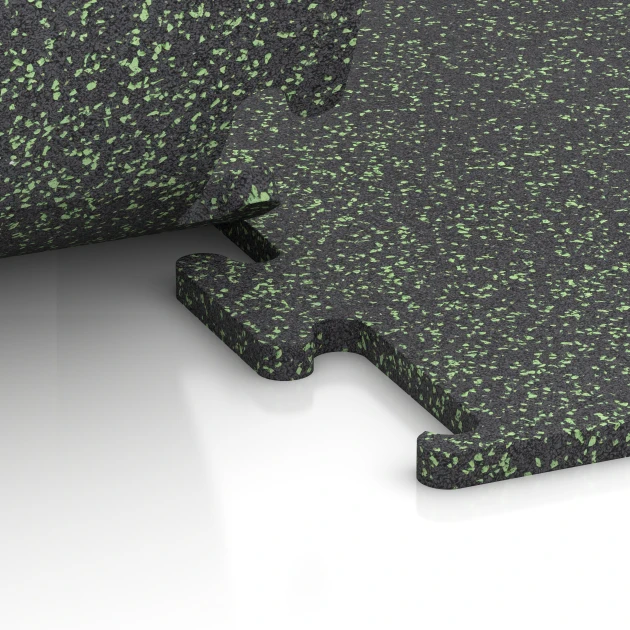 Großaufnahme vom Verbindungssystem von WARCO-Boden 6979 - Fitness Performance Elite Trainingsvloer im Farbdesign Licht Groen Gespikkeld. Abmessungen 100 x 100 x 2 cm | 1,00 m².