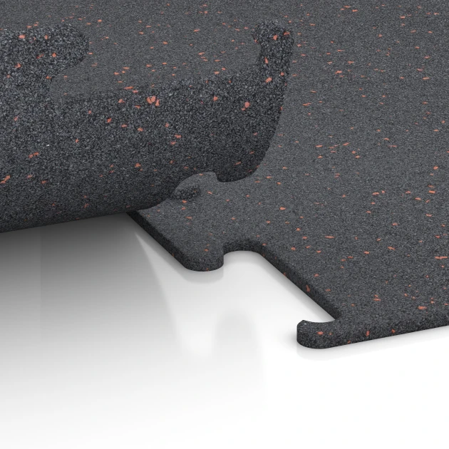 Großaufnahme vom Verbindungssystem von WARCO-Boden 3765 - Fitness Performance Elite Trainingsvloer im Farbdesign Licht Rood Gespikkeld. Abmessungen 50 x 50 x 1 cm | 0,25 m².