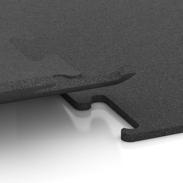 Großaufnahme vom Verbindungssystem von WARCO-Boden 3750 - Fitness Performance Elite Trainingsboden im Farbdesign Anthrazit. Abmessungen 50 x 50 x 1,5 cm | 0,25 m².