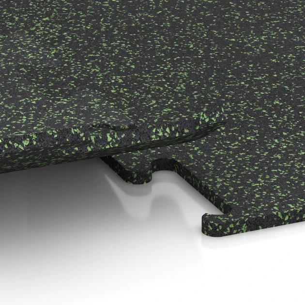 Großaufnahme vom Verbindungssystem von WARCO-Boden 3771 - Fitness Performance Elite Trainingsvloer im Farbdesign Licht Groen Gespikkeld. Abmessungen 50 x 50 x 1,5 cm | 0,25 m².