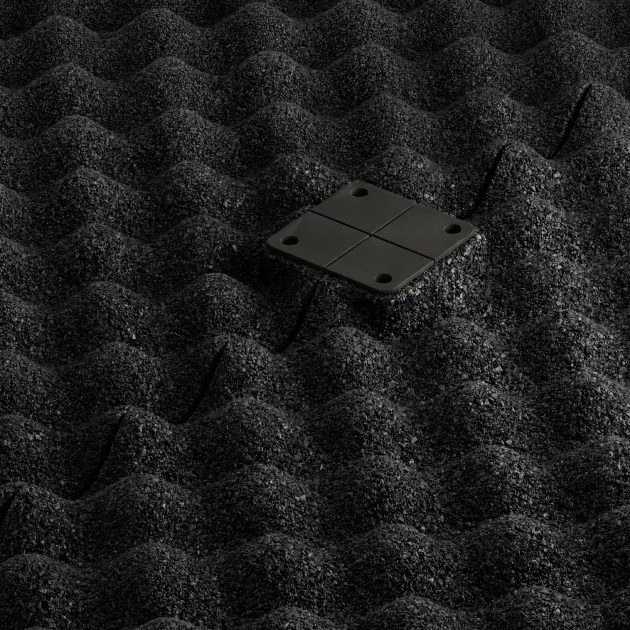 Großaufnahme vom Verbindungssystem von WARCO-Boden 3783 - Fitness Performance Impact Trainingsvloer im Farbdesign Antraciet. Abmessungen 100 × 100 × 2 cm.