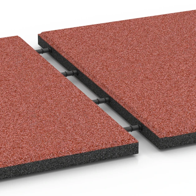 Großaufnahme vom Verbindungssystem von WARCO-Boden 6128 - Speelplaatstegel – 95 cm im Farbdesign Tomatenrood. Abmessungen 50 x 50 x 3 cm.
