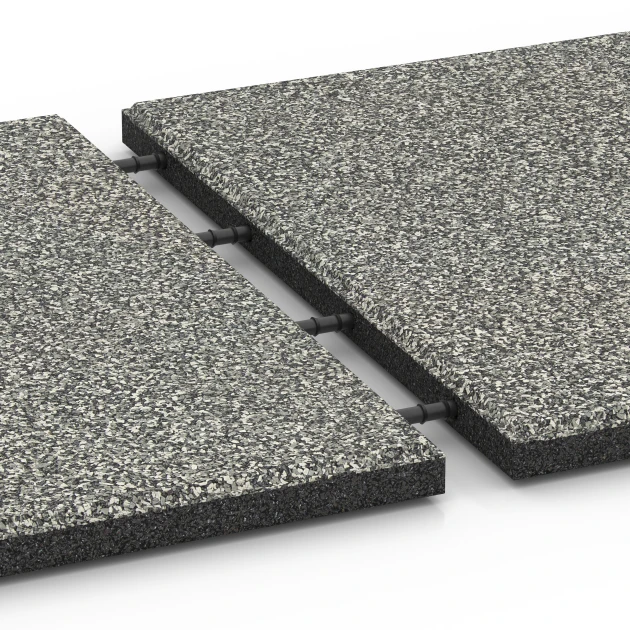 Großaufnahme vom Verbindungssystem von WARCO-Boden 6355 - Terrastegel Classic im Farbdesign Grijs graniet. Abmessungen 50 x 50 x 3 cm.