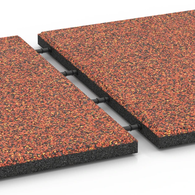 Großaufnahme vom Verbindungssystem von WARCO-Boden 6417 - Rubberen speelplaatstegel – 90 cm im Farbdesign Etna. Abmessungen 50 x 50 x 3 cm.