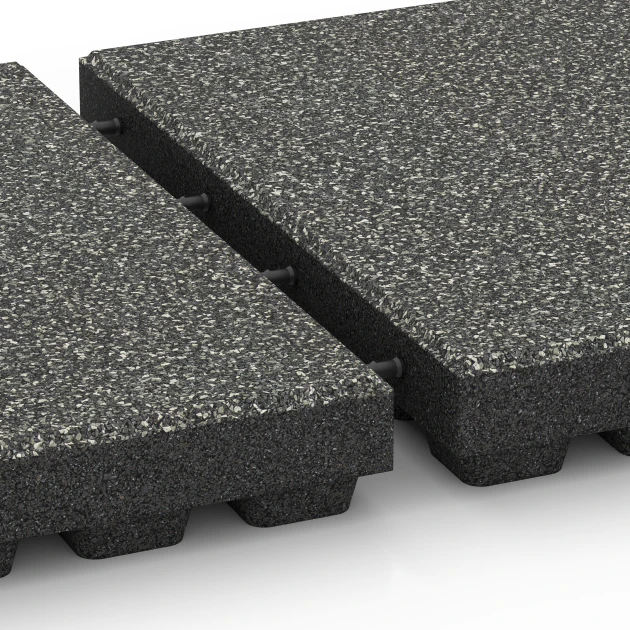 Großaufnahme vom Verbindungssystem von WARCO-Boden 6440 - Fallschutzplatte – 210 cm im Farbdesign Dunkelgrauer Granit. Abmessungen 50 x 50 x 7 cm.