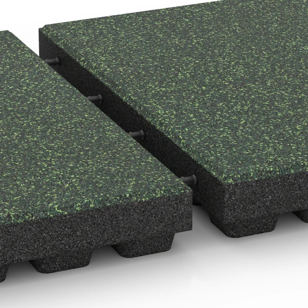 Großaufnahme vom Verbindungssystem von WARCO-Boden 6442 - Fallschutzplatte – 210 cm im Farbdesign Englischer Rasen. Abmessungen 50 x 50 x 7 cm.