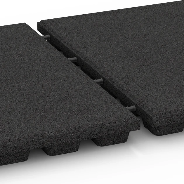 Großaufnahme vom Verbindungssystem von WARCO-Boden 6135 - Rubberen speelplaatstegel – 170 cm im Farbdesign Antraciet. Abmessungen 50 x 50 x 4,8 cm.