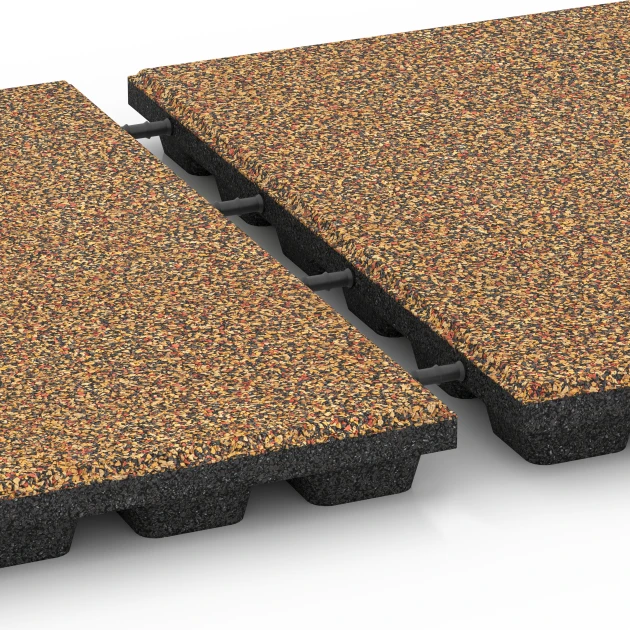 Großaufnahme vom Verbindungssystem von WARCO-Boden 6434 - Rubberen speelplaatstegel – 160 cm im Farbdesign Terracotta. Abmessungen 50 x 50 x 4,8 cm.