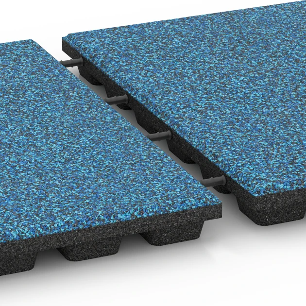 Großaufnahme vom Verbindungssystem von WARCO-Boden 6438 - Rubberen speelplaatstegel – 160 cm im Farbdesign Atlantisch. Abmessungen 50 x 50 x 4,8 cm.