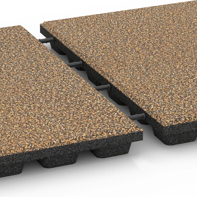 Großaufnahme vom Verbindungssystem von WARCO-Boden 6439 - Rubberen speelplaatstegel – 160 cm im Farbdesign Rattan. Abmessungen 50 x 50 x 4,8 cm.
