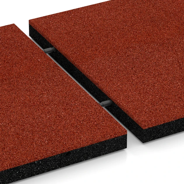 Großaufnahme vom Verbindungssystem von WARCO-Boden 6197 - Fallschutzplatten im Farbdesign Ziegelrot. Abmessungen 50 x 50 x 4,5 cm.