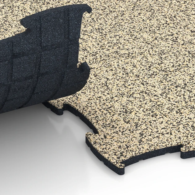 Großaufnahme vom Verbindungssystem von WARCO-Boden 6874 - Fitness Max Floor System im Farbdesign Travertin. Abmessungen 97,1 x 97,1 × 1,8 cm.