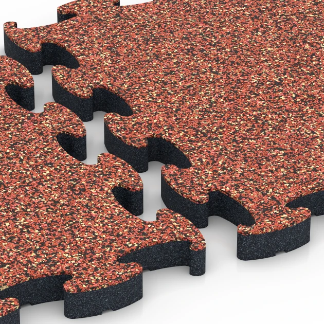 Le gros plan sur le système de connexion des revêtements de sol WARCO 6881 - Dalle Fitness Max en couleur Etna. Les dimensions 44,6 x 44,6 × 2,8 cm.