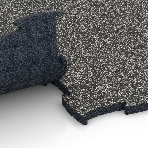 Großaufnahme vom Verbindungssystem von WARCO-Boden 6850 - Fitness Active vloertegel im Farbdesign Donkergrijs graniet. Abmessungen 97,1 x 97,1 x 2,8 cm.