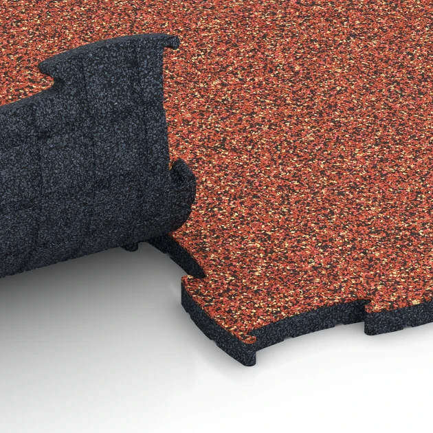Großaufnahme vom Verbindungssystem von WARCO-Boden 6854 - Fitness Active vloertegel im Farbdesign Etna. Abmessungen 97,1 x 97,1 x 2,8 cm.