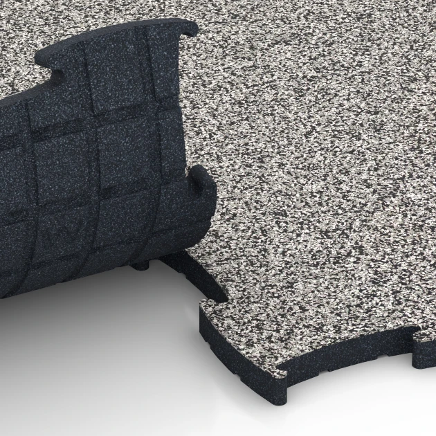 Großaufnahme vom Verbindungssystem von WARCO-Boden 6887 - Fitness Max vloersysteem im Farbdesign Grijs graniet. Abmessungen 97,1 x 97,1 x 2,8 cm.