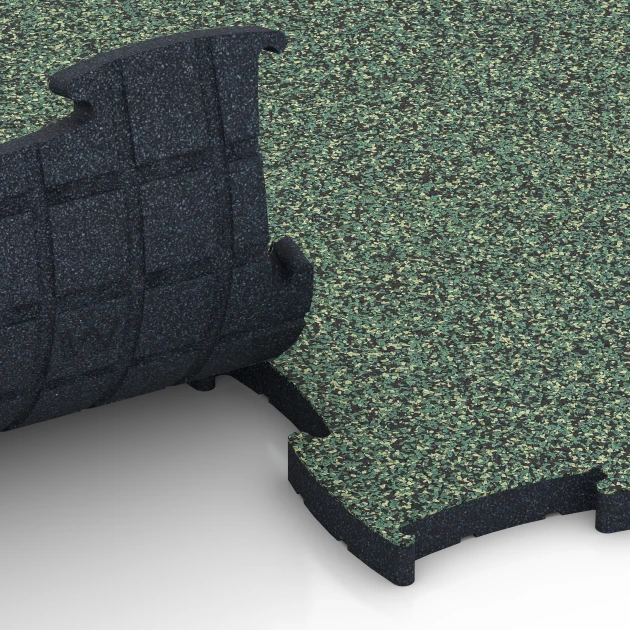 Großaufnahme vom Verbindungssystem von WARCO-Boden 6888 - Fitness Max vloersysteem im Farbdesign Engels gazon. Abmessungen 97,1 x 97,1 x 2,8 cm.