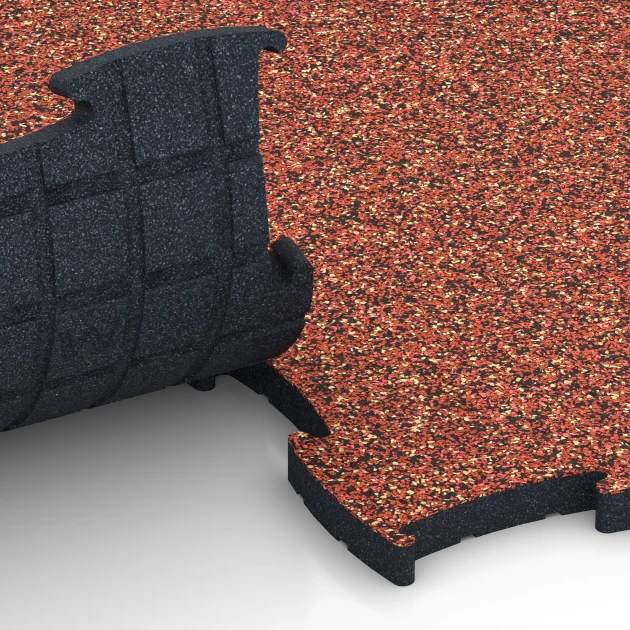 Großaufnahme vom Verbindungssystem von WARCO-Boden 6890 - Fitness Max Floor System im Farbdesign Feuersglut. Abmessungen 97,1 x 97,1 x 2,8 cm.