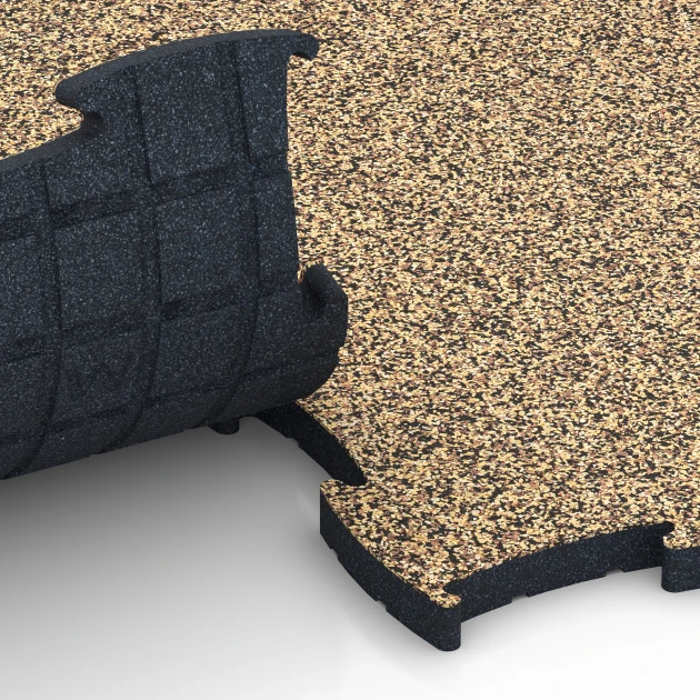 Großaufnahme vom Verbindungssystem von WARCO-Boden 6894 - Fitness Max Floor System im Farbdesign Rattan Lounge. Abmessungen 97,1 x 97,1 x 2,8 cm.