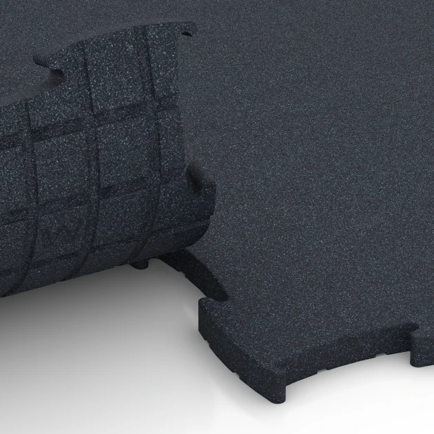 Großaufnahme vom Verbindungssystem von WARCO-Boden 6969 - Fitness Premium studiovloer im Farbdesign Antraciet. Abmessungen 99 x 99 x 2,8 cm.