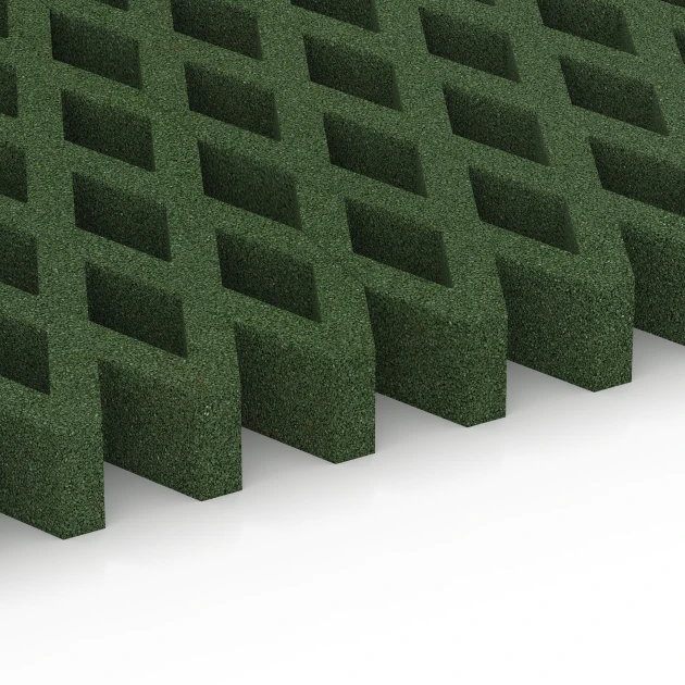 Großaufnahme vom Verbindungssystem von WARCO-Boden 7014 - Valdempend grasrooster im Farbdesign Grasgroen. Abmessungen 100 × 100 × 8 cm.