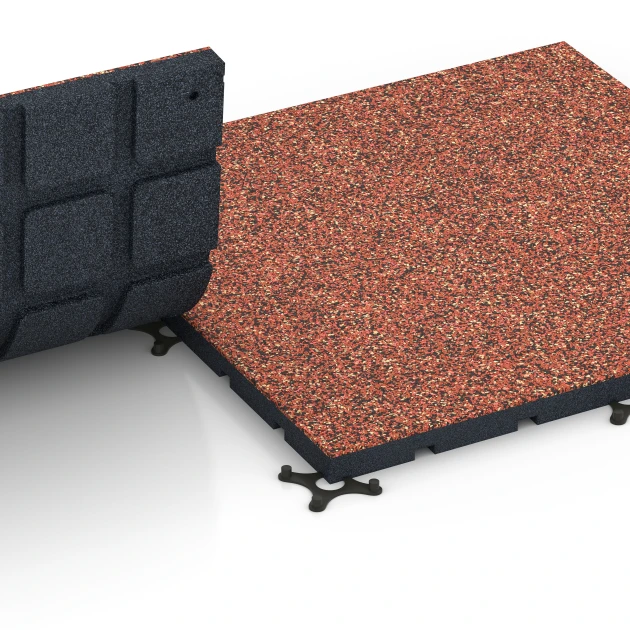 Großaufnahme vom Verbindungssystem von WARCO-Boden 7136 - Outdoor-Fitnessboden im Farbdesign Feuersglut. Abmessungen 60 x 60 x 3 cm | 0,36 m².
