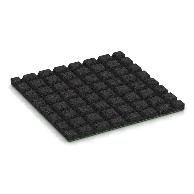 La vue du dessous ou de la face inférieure, c’est-à-dire la face inférieure de la pièce moulée WARCO 0547 - Dalle amortissante au format 500 x 500 x 30 mm.