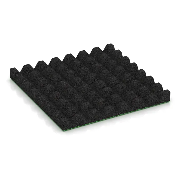 La vue du dessous ou de la face inférieure, c’est-à-dire la face inférieure de la pièce moulée WARCO 0685 - Dalle amortissante au format 500 x 500 x 50 mm.