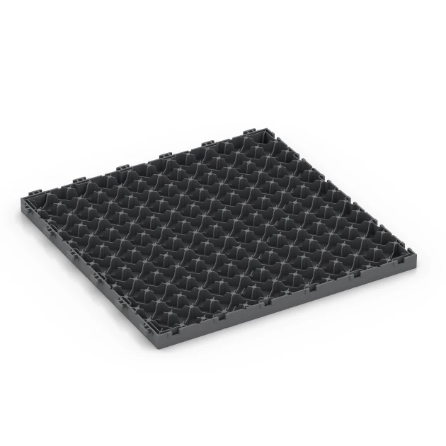 La vue du dessous ou de la face inférieure, c’est-à-dire la face inférieure de la pièce moulée WARCO 6326 - Point de Hongrie – Dalle clipsable au format 38,5 x 38,5 x 2 cm.