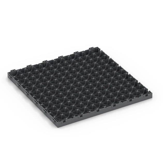La vue du dessous ou de la face inférieure, c’est-à-dire la face inférieure de la pièce moulée WARCO 6330 - Motif bloc – Dalle clipsable au format 38,5 x 38,5 x 2 cm.