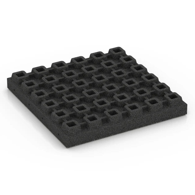 Aufsicht auf die Unterseite, also die Bodenseite von WARCO-Formteil 6440 - Fallschutzplatte – 210 cm im Format 50 x 50 x 7 cm.