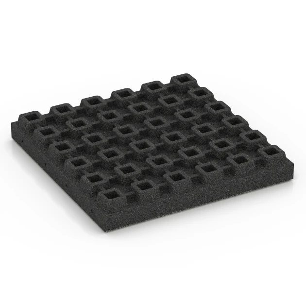 Aufsicht auf die Unterseite, also die Bodenseite von WARCO-Formteil 6441 - Fallschutzplatte – 210 cm im Format 50 x 50 x 7 cm.