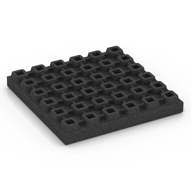 Aufsicht auf die Unterseite, also die Bodenseite von WARCO-Formteil 6442 - Fallschutzplatte – 210 cm im Format 50 x 50 x 7 cm.