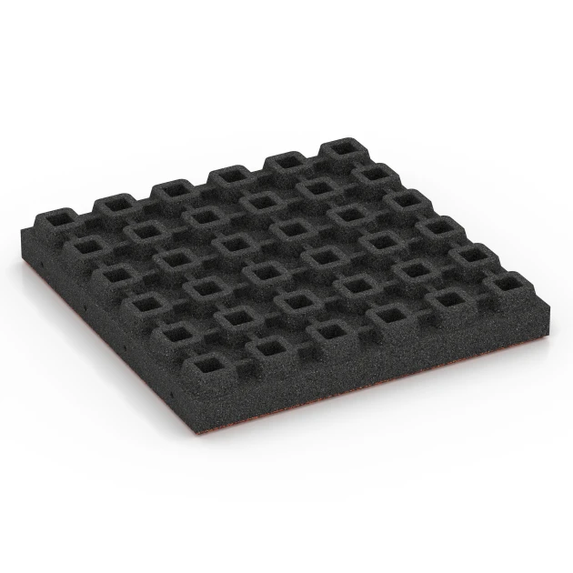 Aufsicht auf die Unterseite, also die Bodenseite von WARCO-Formteil 6444 - Fallschutzplatte – 210 cm im Format 50 x 50 x 7 cm.