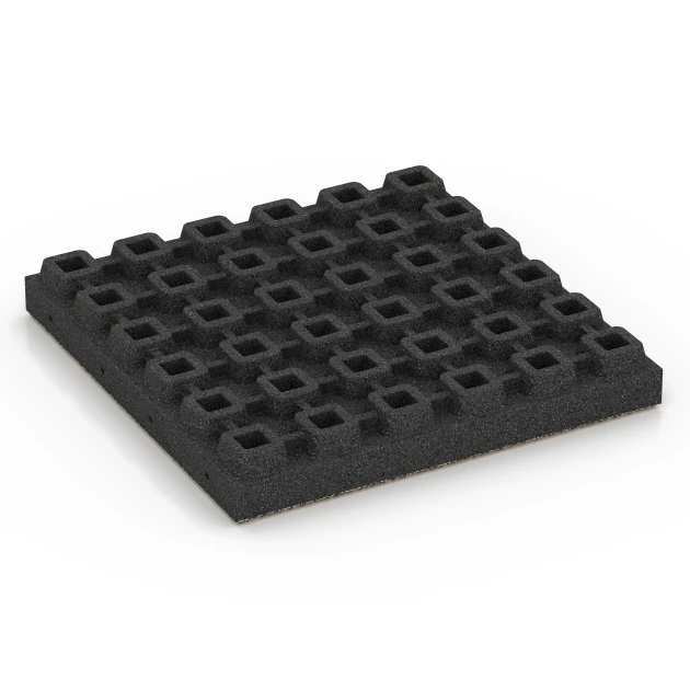 Aufsicht auf die Unterseite, also die Bodenseite von WARCO-Formteil 6446 - Fallschutzplatte – 210 cm im Format 50 x 50 x 7 cm.